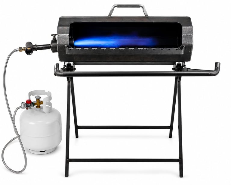 Propane BBQ drum barrel grill on black stand with white propane tank and hose attached