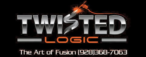 Twisted Logic logo with metallic silver text, orange lightning bolt, and phone number for welding and metal fusion services