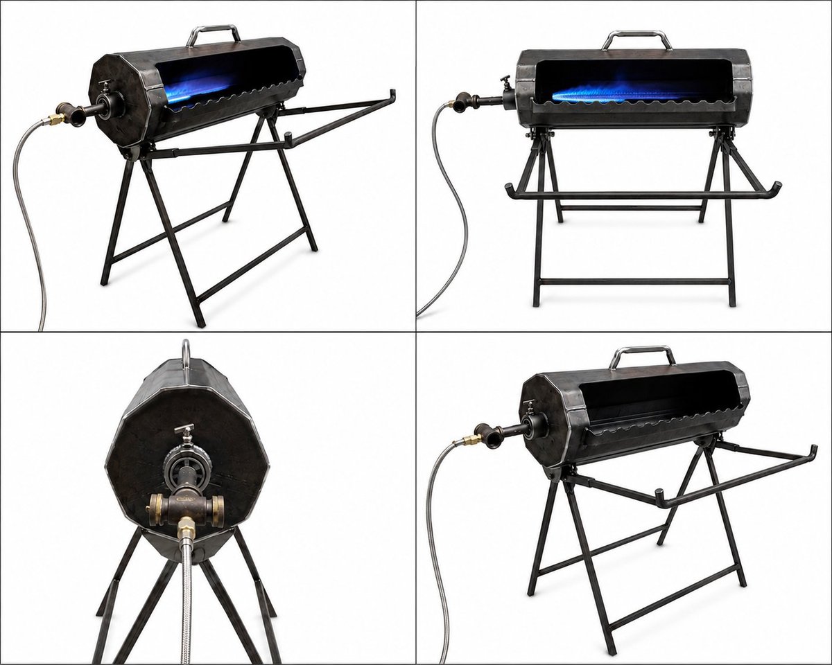 Four views of a black barrel-style BBQ grill on metal stand legs with attachments and propane hose