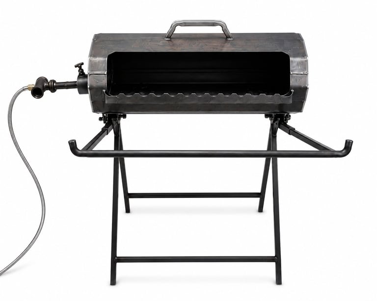 Portable gas grill with metal drum-shaped cooking chamber on black stand with attached propane hose